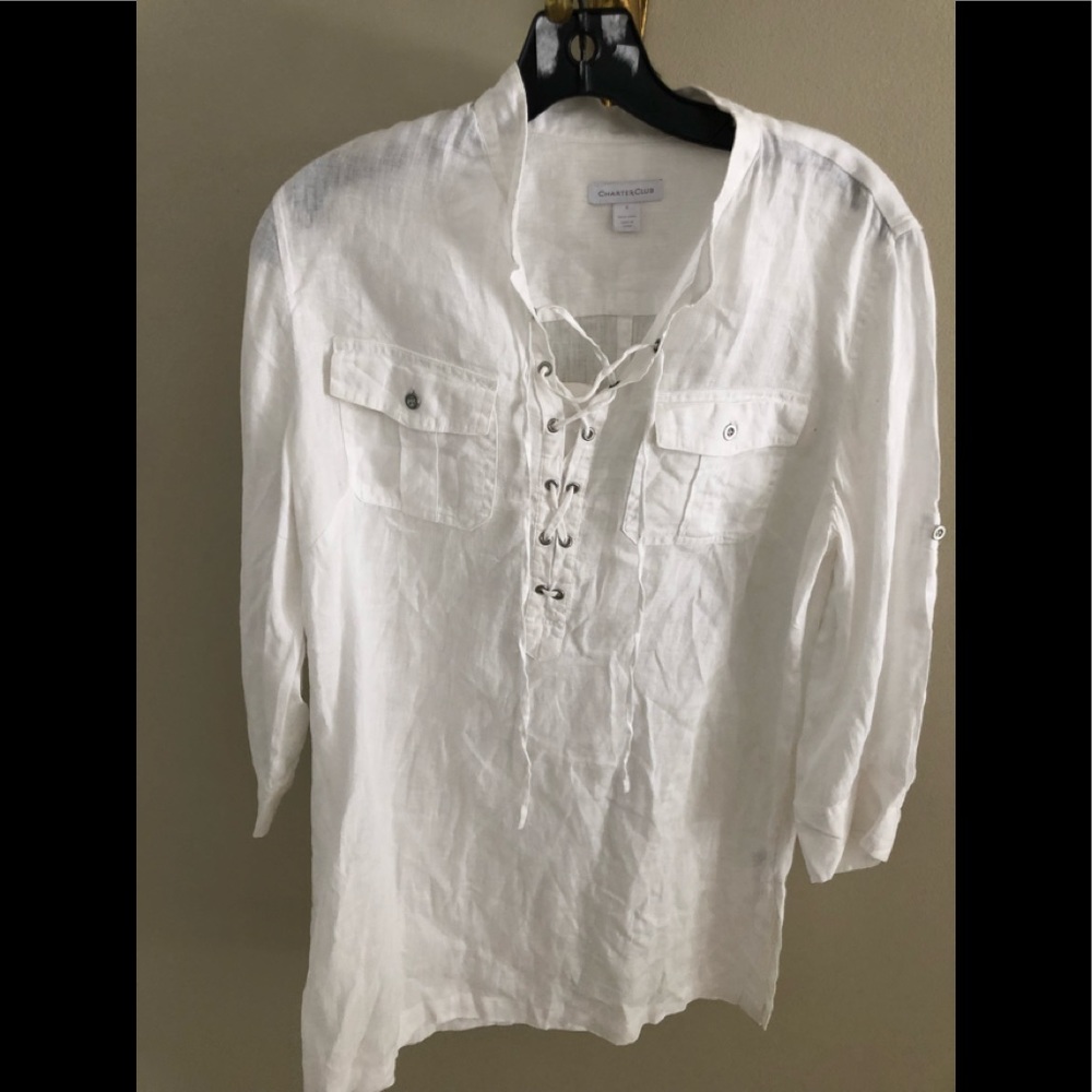 Charter Club white linen tunic blouse Sz S